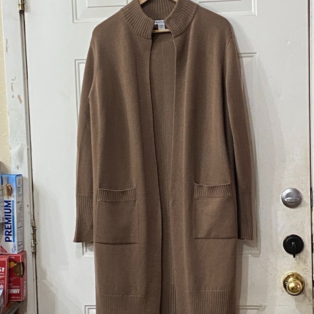 NEW ATHLETA Wool/Cashmere Sz S Open Cardigan Sweater Pockets Mocha Brown